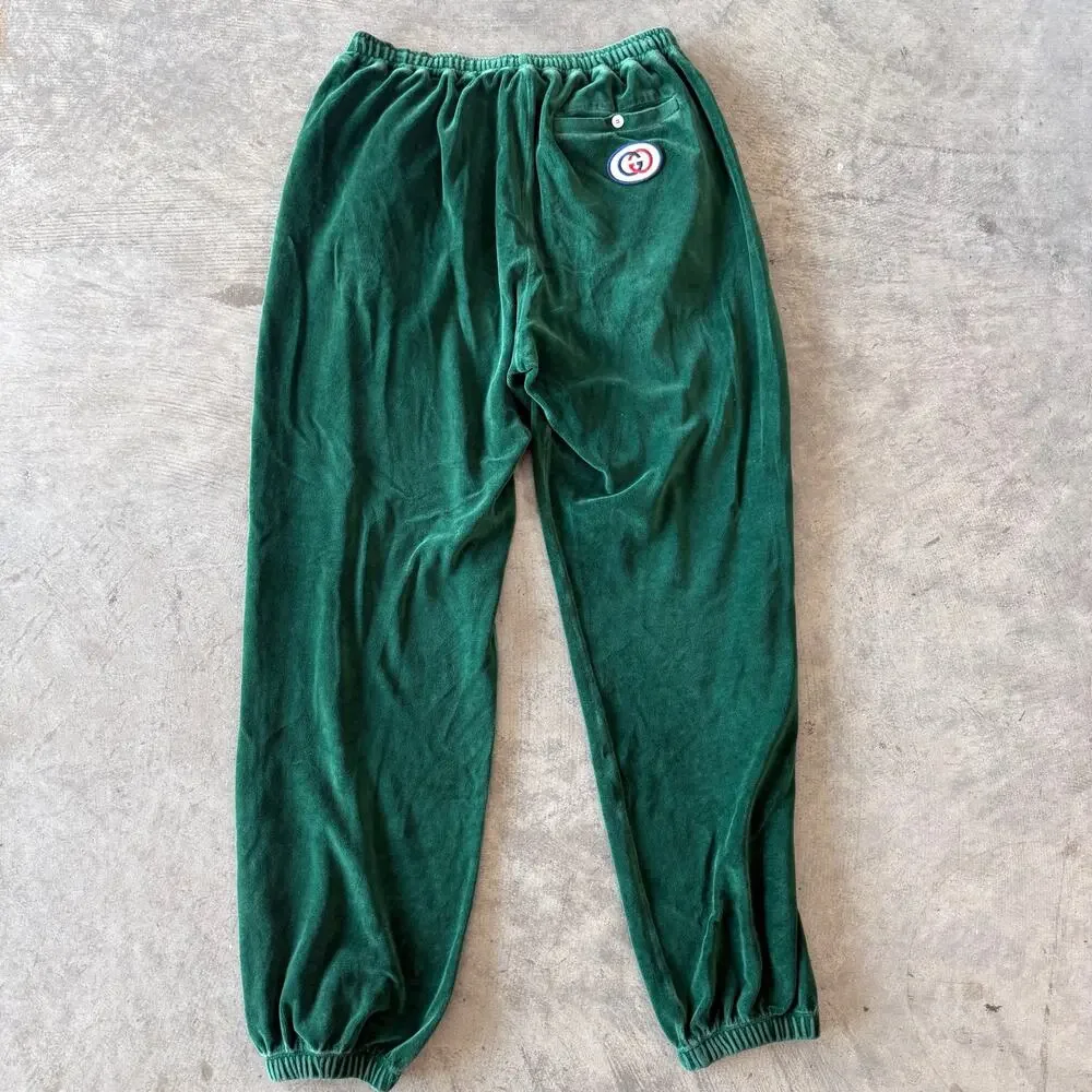 Gucci Mens Green Velour GG Interlocking Logo Patch Sweatpants Size S